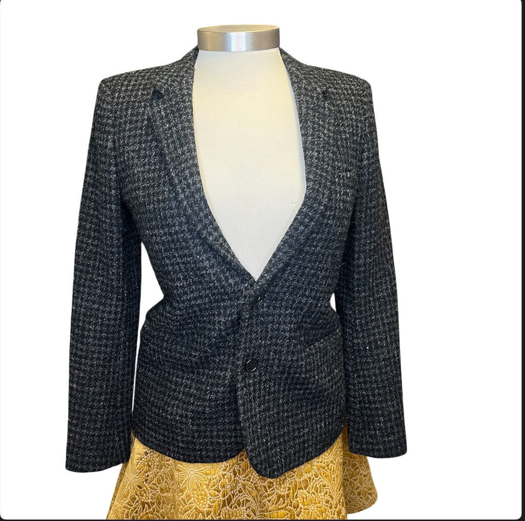 Saint Laurant Wool Houndstooth Blazer With Leather Elbow Patches