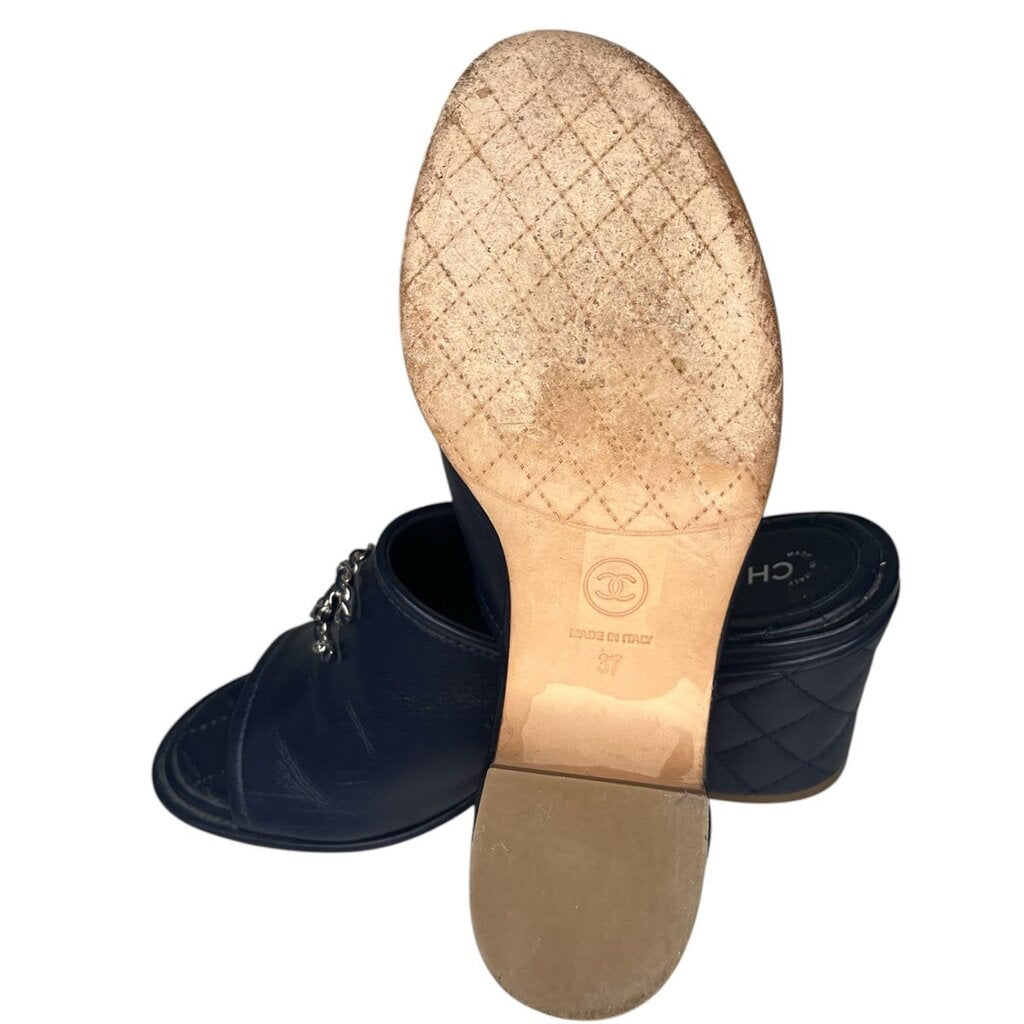Chanel Navy Blue Quilted Leather Mules