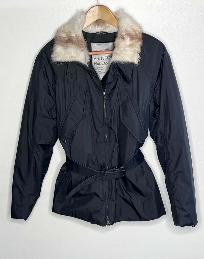 Prada Gore-Tex Belted Fur Jacket With Fur Collar
