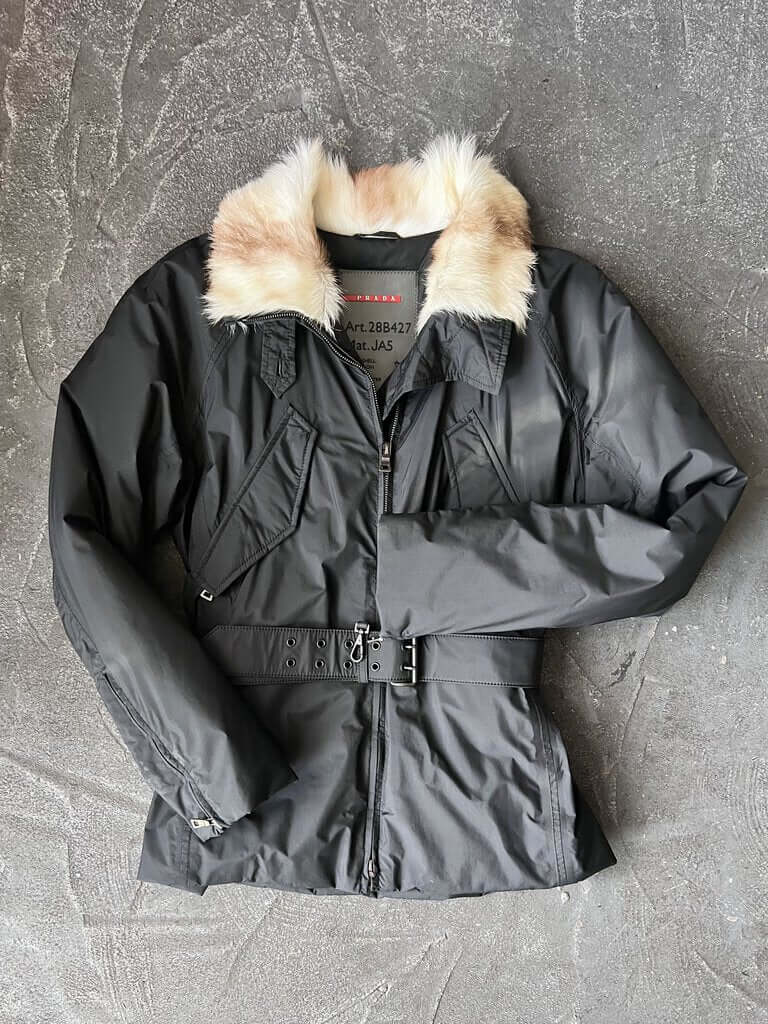 Prada Gore-Tex Belted Fur Jacket With Fur Collar