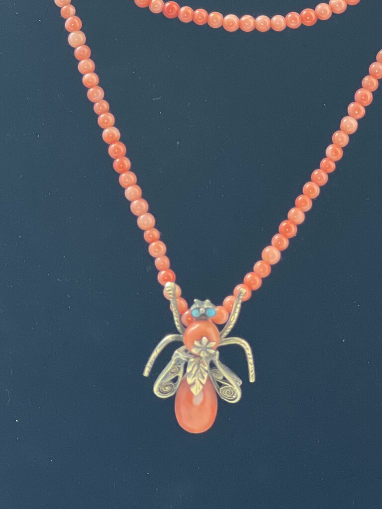 Venetian Vintage Long Coral Necklace With Gold, Coral And Turquoise Bee Pendant