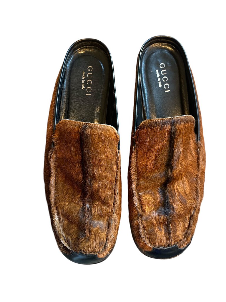 Gucci Curly Goat Fur Loafer Slides, MSRP $950