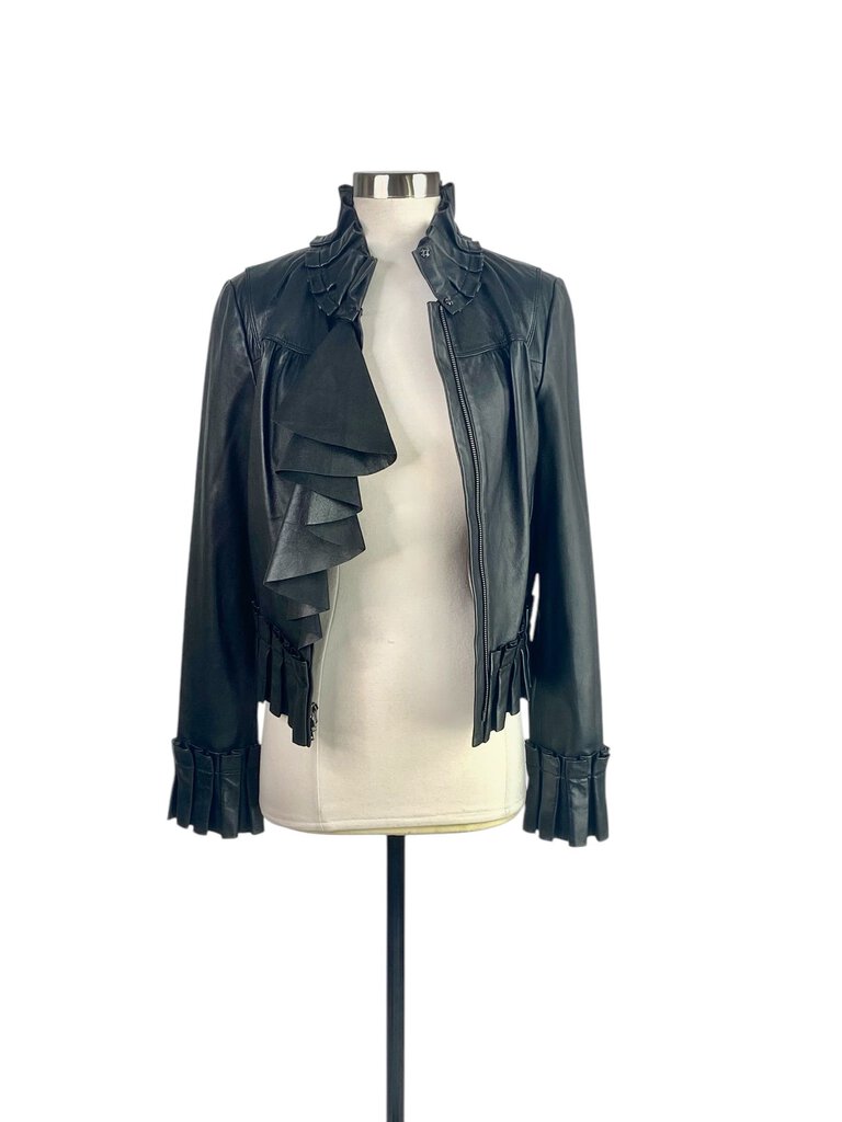 The Diane Von Furstenberg Leather Ruffle Front Zip Jacket is a striking statement piece that combines edgy leather with feminine ruffle detailing. Its tailored fit and unique design make it perfect for adding a bold touch to any outfit, whether casual or more polished.