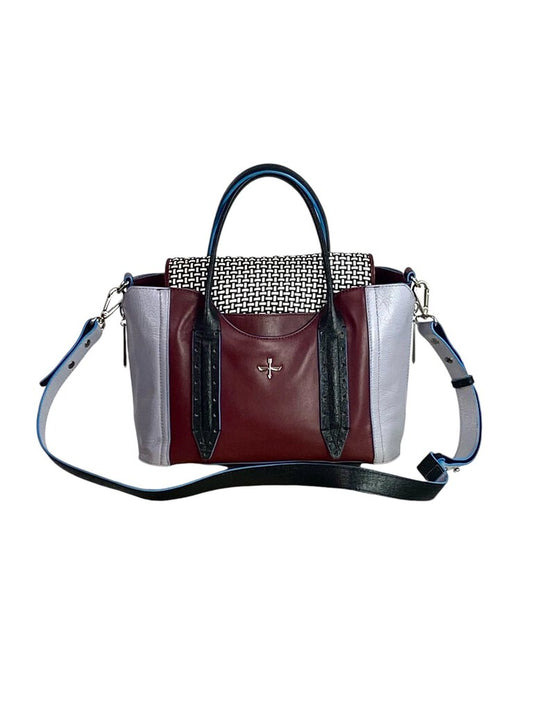 The Pour la Victoire Color Block Woven Handbag features a striking mix of vibrant hues and intricate woven detailing, creating a bold and stylish statement piece. With its structured silhouette and spacious interior, it seamlessly blends fashion and functionality for any occasion.