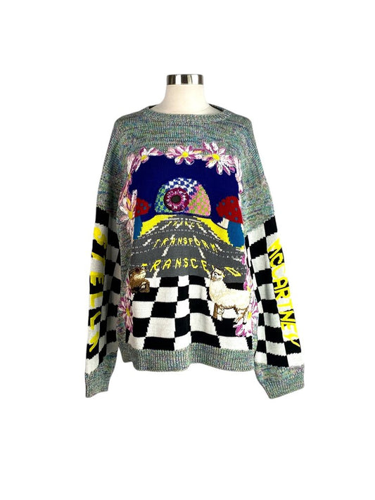 The Stella McCartney Rainbow Tweed Embroidered Sweater features a vibrant, multicolored tweed fabric, beautifully embellished with intricate embroidery. Its relaxed fit and playful design make it a standout piece that combines luxury with a fun, artistic flair.