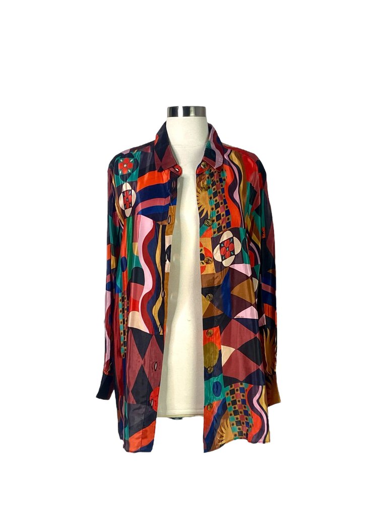 Farm Rio Multi Scarf Print Button Down Top