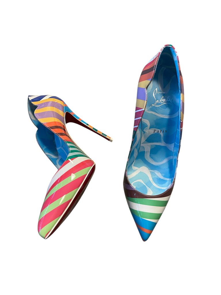 Louboutin Patent Rainbow Stripe Scalloped Stilettos