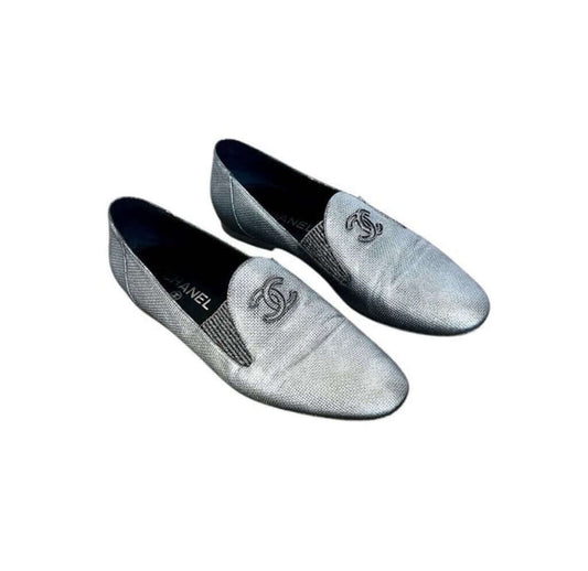 Chanel Silver Metallic Loafers With Box (as found)