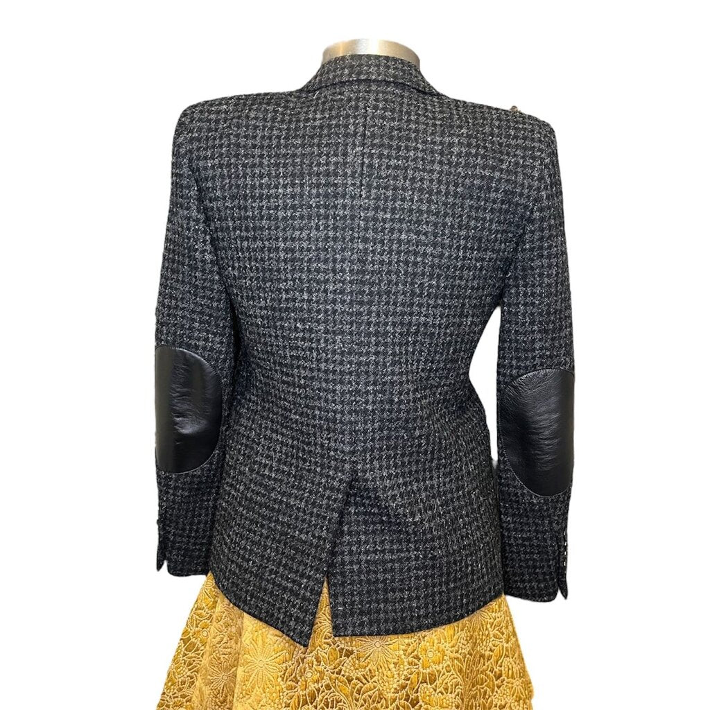 Saint Laurant Wool Houndstooth Blazer With Leather Elbow Patches