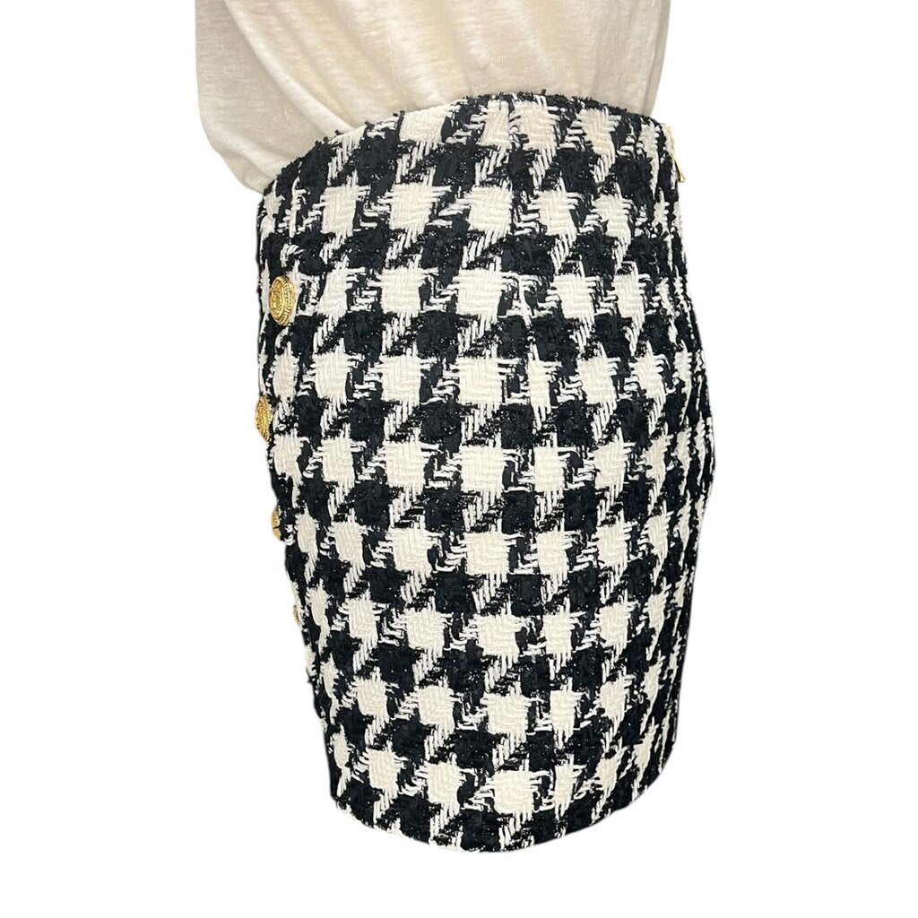 Balmain Button-Embellished Houndstooth Tweed Mini Skirt