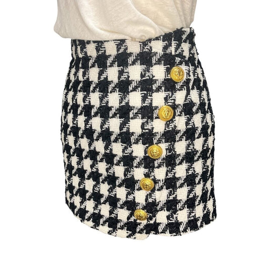 Balmain Button-Embellished Houndstooth Tweed Mini Skirt