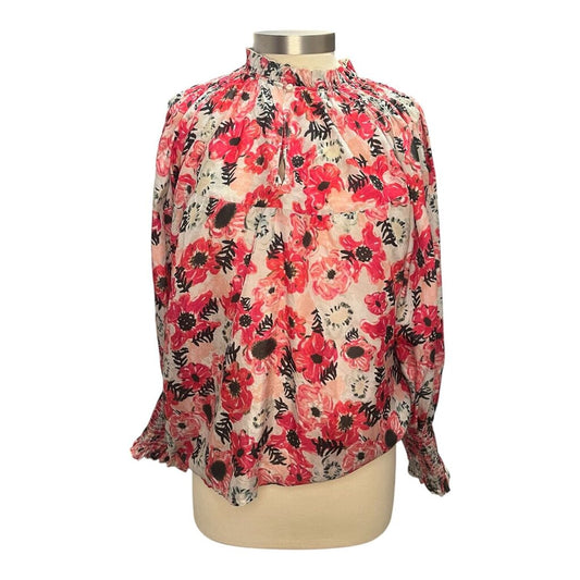 Chufy Smocked Floral Split Collar Silk Top