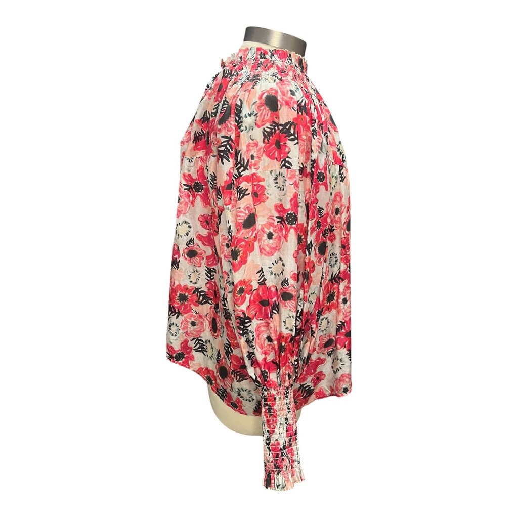 Chufy Smocked Floral Split Collar Silk Top