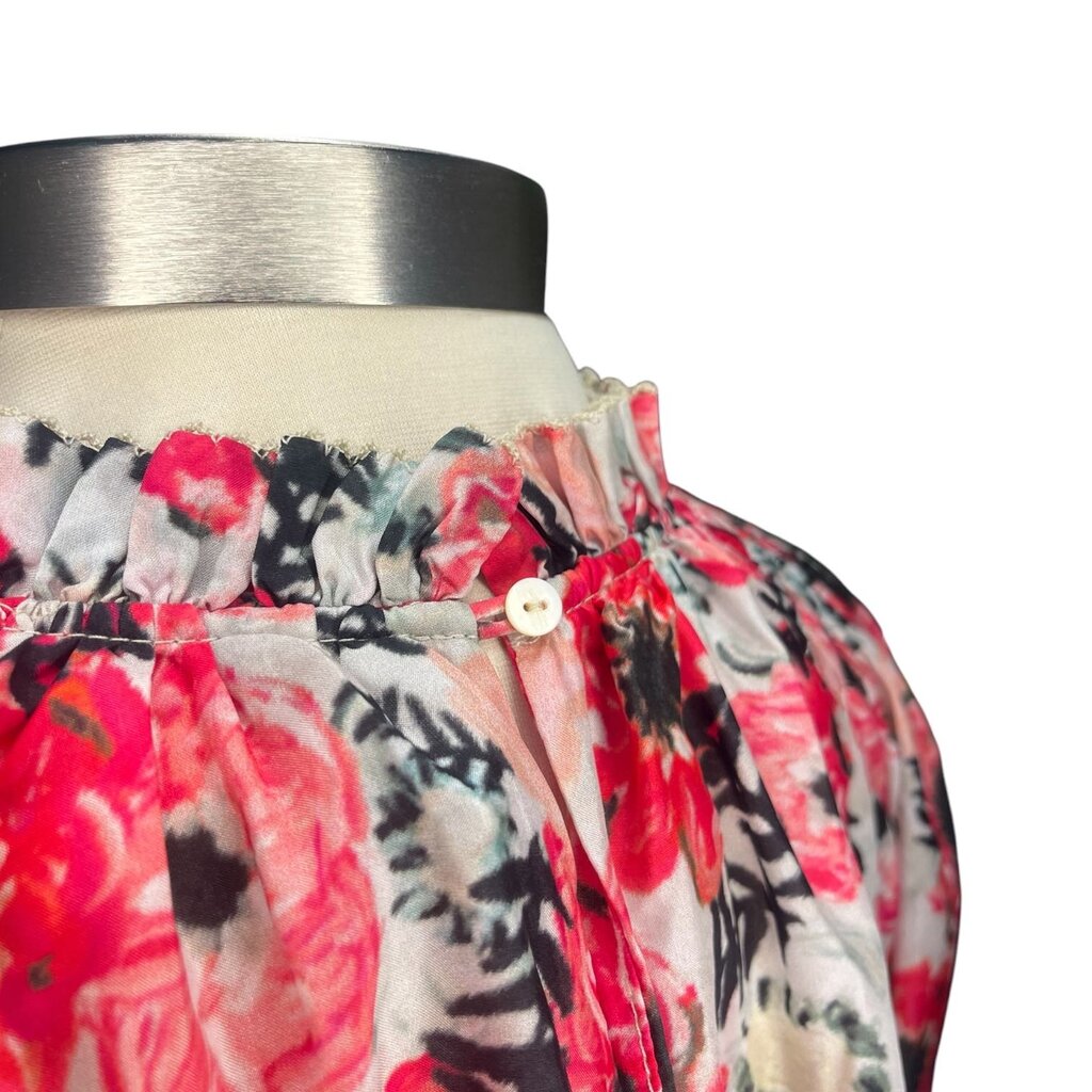 Chufy Smocked Floral Split Collar Silk Top