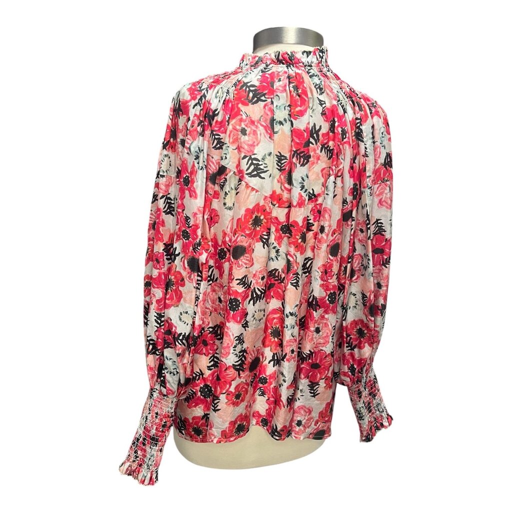 Chufy Smocked Floral Split Collar Silk Top