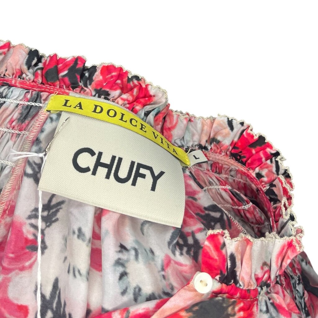 Chufy Smocked Floral Split Collar Silk Top
