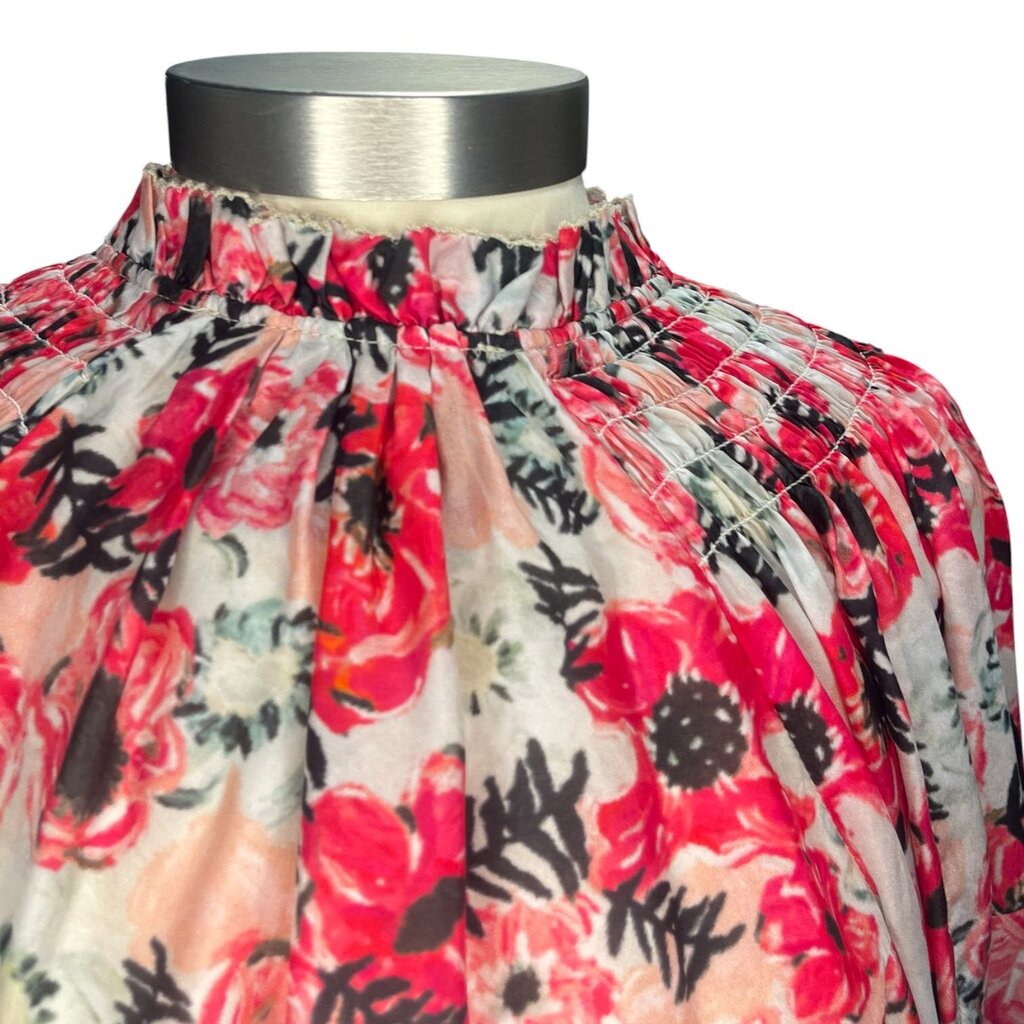 Chufy Smocked Floral Split Collar Silk Top