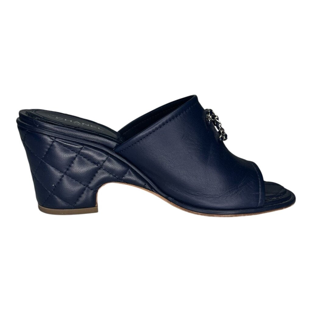 Chanel Navy Blue Quilted Leather Mules