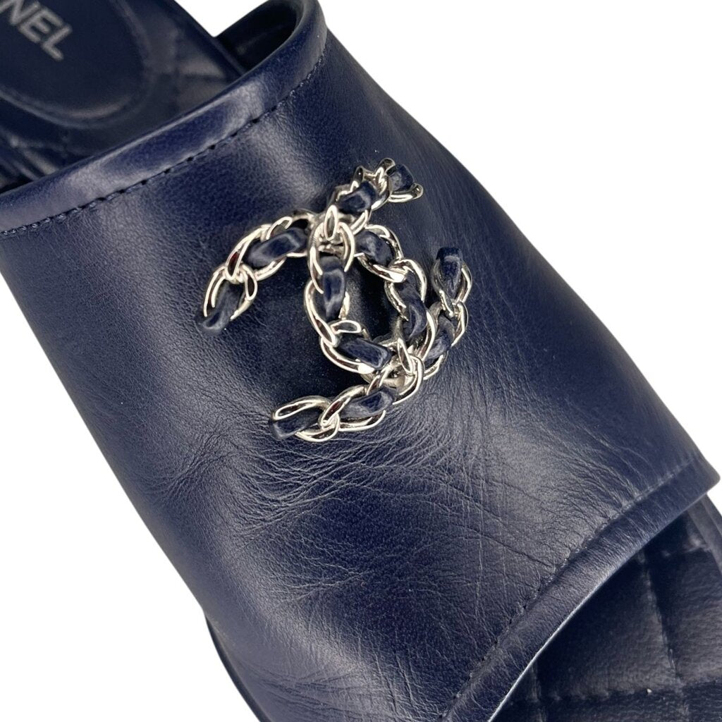 Chanel Navy Blue Quilted Leather Mules