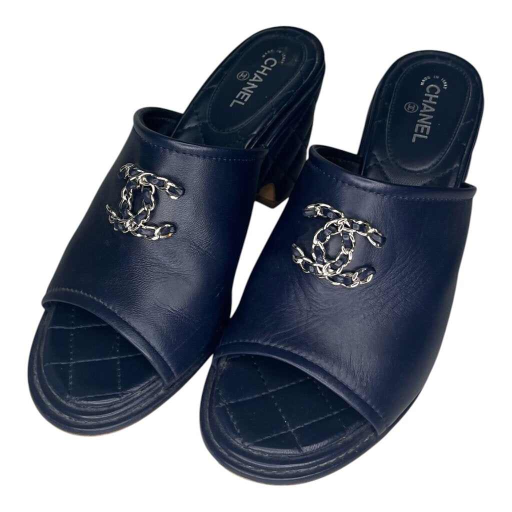Chanel Navy Blue Quilted Leather Mules