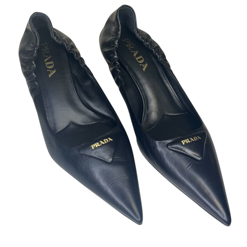 Prada Ruched Logo Kitten Heel Pump