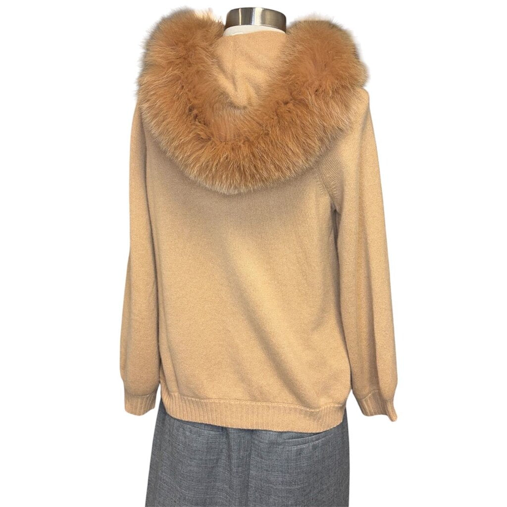 St. John Cashmere Zip Front Cardigan W/ Fur Trimmed Hood