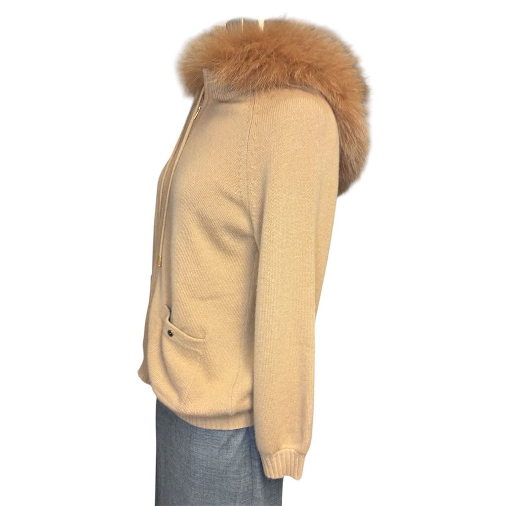 St. John Cashmere Zip Front Cardigan W/ Fur Trimmed Hood