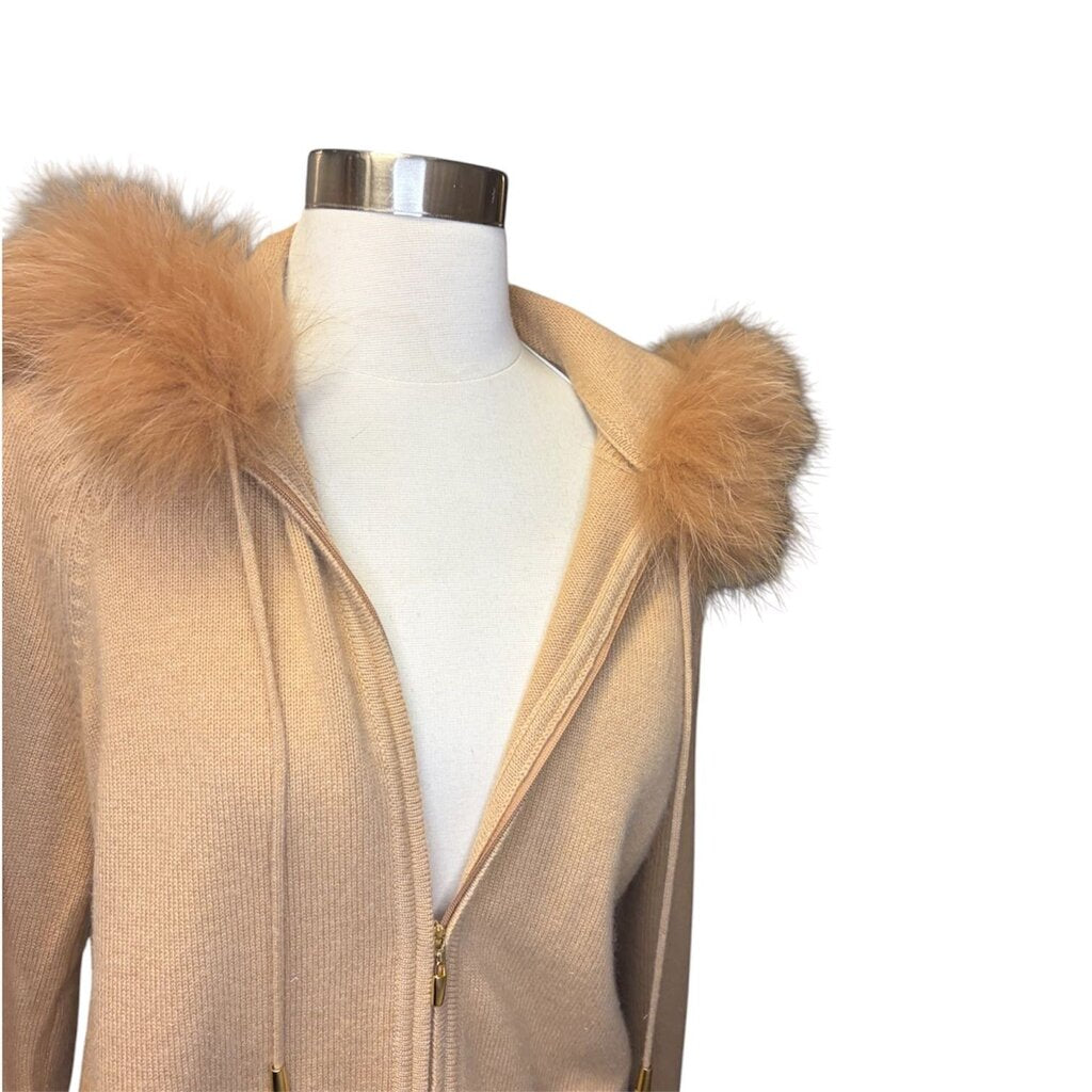 St. John Cashmere Zip Front Cardigan W/ Fur Trimmed Hood