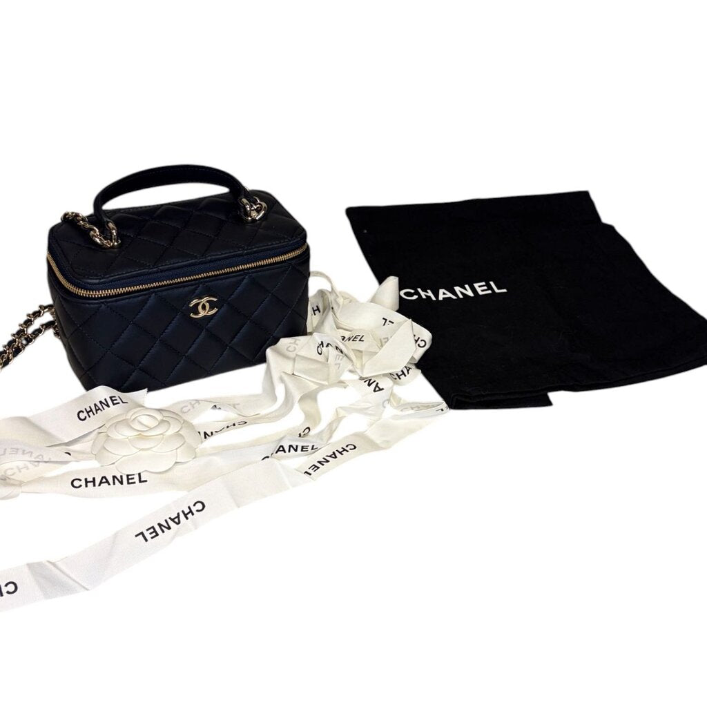Chanel Lambskin Quilted Top Handle Vanity Casde W/ Chain