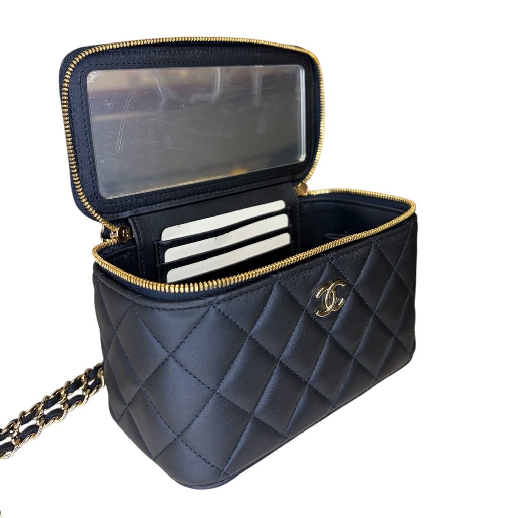 Chanel Lambskin Quilted Top Handle Vanity Casde W/ Chain