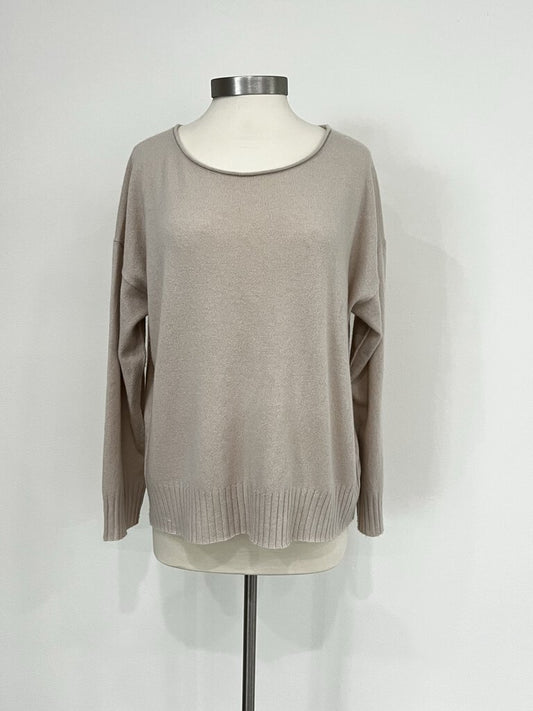 Nili Lotan cashmere wide neck sweater with exposed seam down the back to n a lovely sand color.  