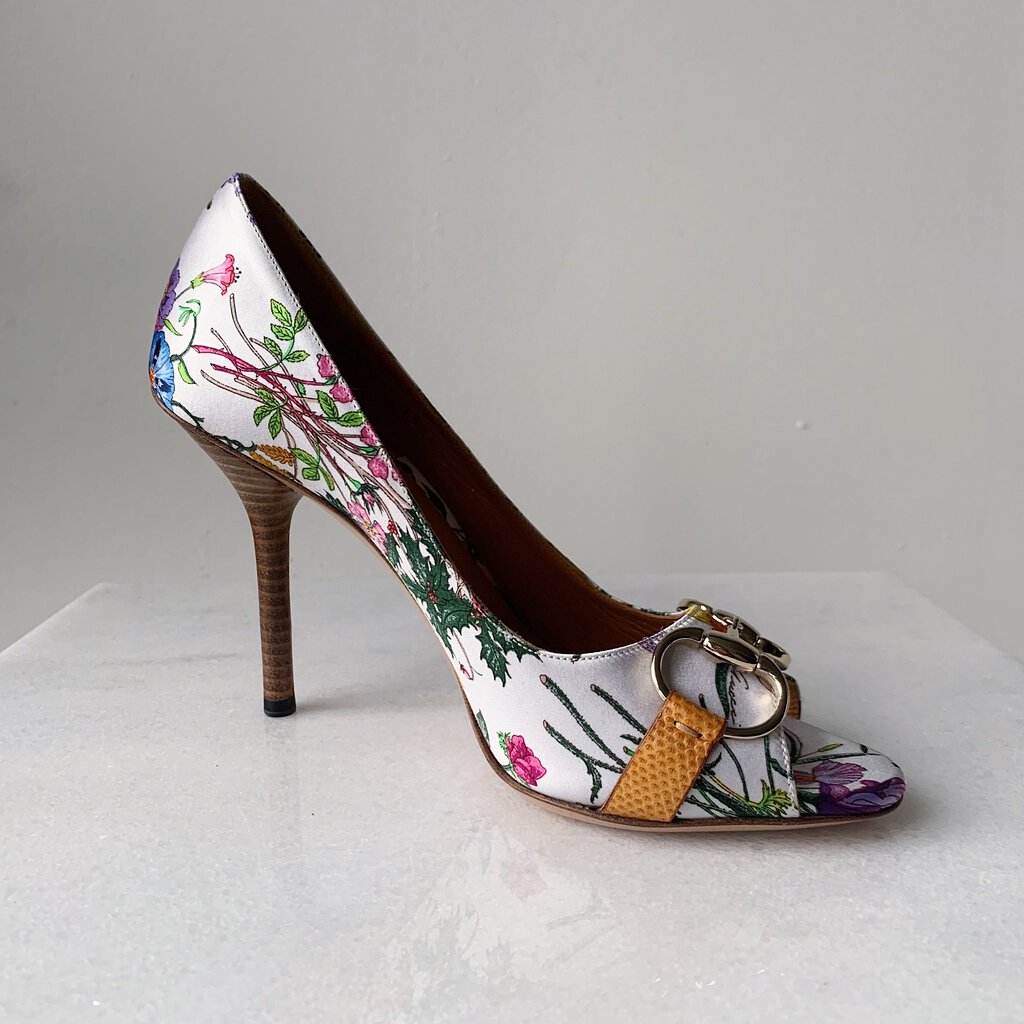 Gucci Horsebit Silk Floral Heels, New